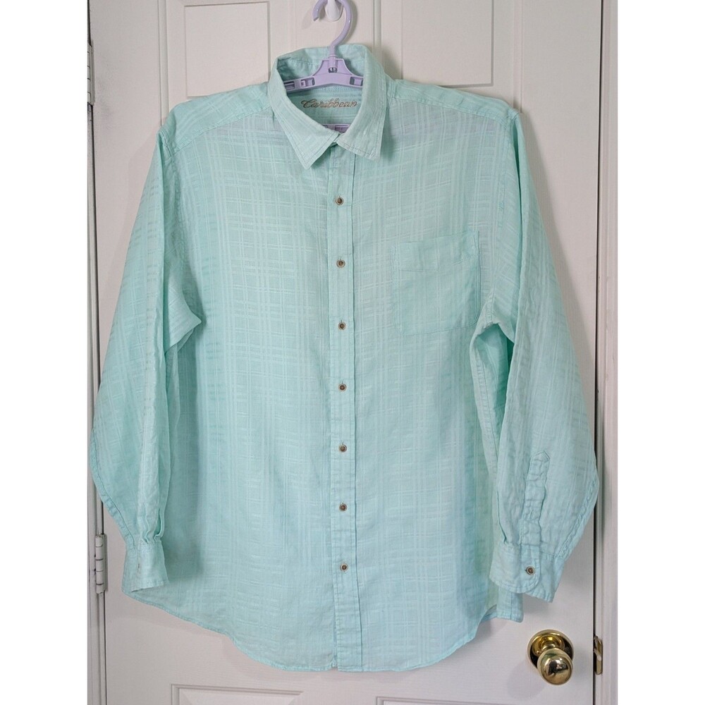 Caribbean L/S Button Shirt Mens 2XT Mint Green Plaid Linen Lightweight Resort